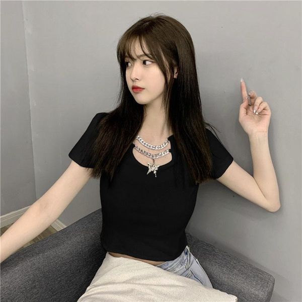 women's t-shirt niche design u-neck solid color short sleeve for slim body in summer, White
women's t-shirt niche design u-neck solid color short sleeve for slim body in summer, White