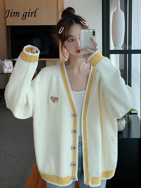 women's knits & tees v-neck cartoon bear embroidery striped cardigan japanese kawaii lovely harajuku knitted sweater casual loose overs, White
women's knits & tees v-neck cartoon bear embroidery striped cardigan japanese kawaii lovely harajuku knitted sweater casual loose overs, White