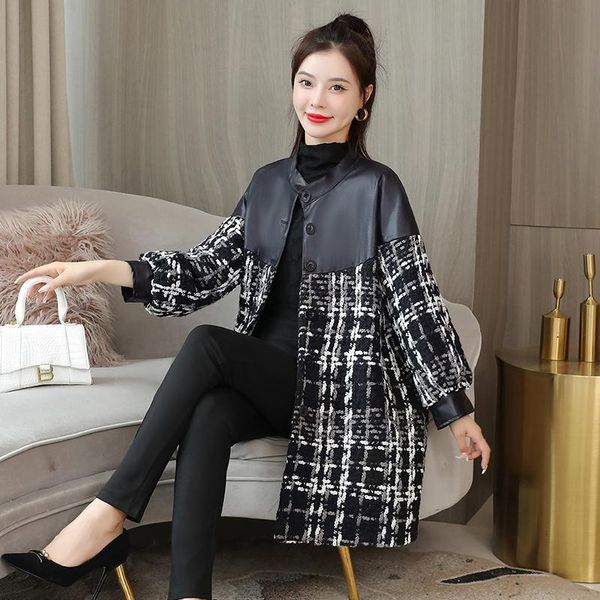 women's wool & blends superaen plus size patchwork plaid leather coat for women autumn winter 2021 fashion all match long korean, Black
women's wool & blends superaen plus size patchwork plaid leather coat for women autumn winter 2021 fashion all match long korean, Black