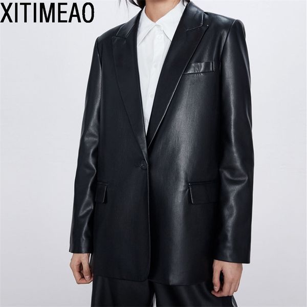 za women fashion pu faux leather loose blazer coat vintage pockets long sleeve back vents female outerwear chic 210604, White;black
za women fashion pu faux leather loose blazer coat vintage pockets long sleeve back vents female outerwear chic 210604, White;black
