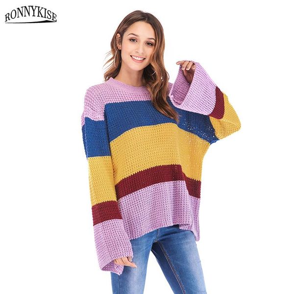 women's sweaters ronnykise pacthwork rainbow knitted long sleeve o-neck loose autumn winter women clothes, White;black
women's sweaters ronnykise pacthwork rainbow knitted long sleeve o-neck loose autumn winter women clothes, White;black