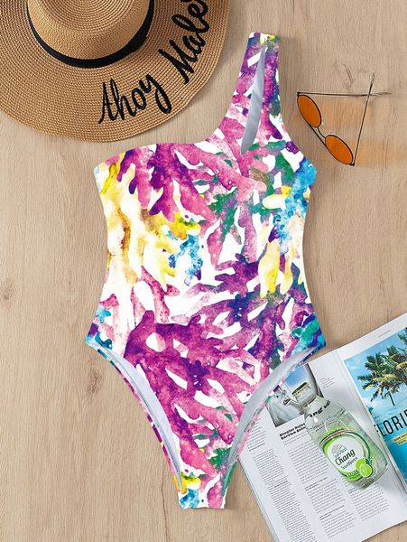 coral print one shoulder one piece swimsuit c76a#, White;black 
coral print one shoulder one piece swimsuit c76a#, White;black