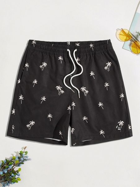 men all over print drawstring waist track shorts 99sr#, Black