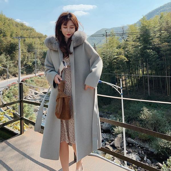 women's wool & blends 2021 fashion luxury high-end fur collar hooded double-sided cashmere blend coat mid-length loose outwear, Black
women's wool & blends 2021 fashion luxury high-end fur collar hooded double-sided cashmere blend coat mid-length loose outwear, Black