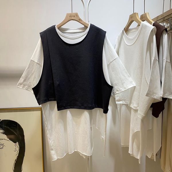 western style fashion two-piece suit patchwork short-sleeved t-shirt women's long summer loose bottoming vest jacket, White
western style fashion two-piece suit patchwork short-sleeved t-shirt women's long summer loose bottoming vest jacket, White