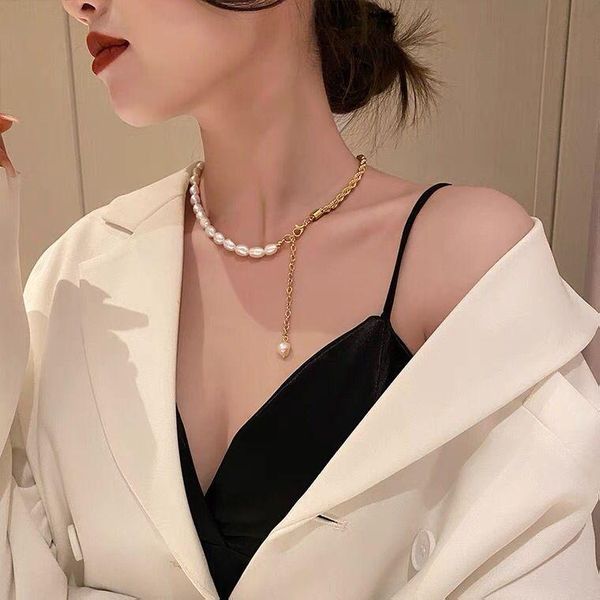 design baroque freshwater pearl necklace for women twisted metal chain chains, Silver
design baroque freshwater pearl necklace for women twisted metal chain chains, Silver
