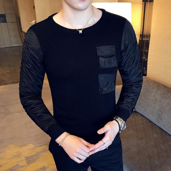 men's sweaters outfit long sleeve slim stitching section t sweater thin, White;black
men's sweaters outfit long sleeve slim stitching section t sweater thin, White;black