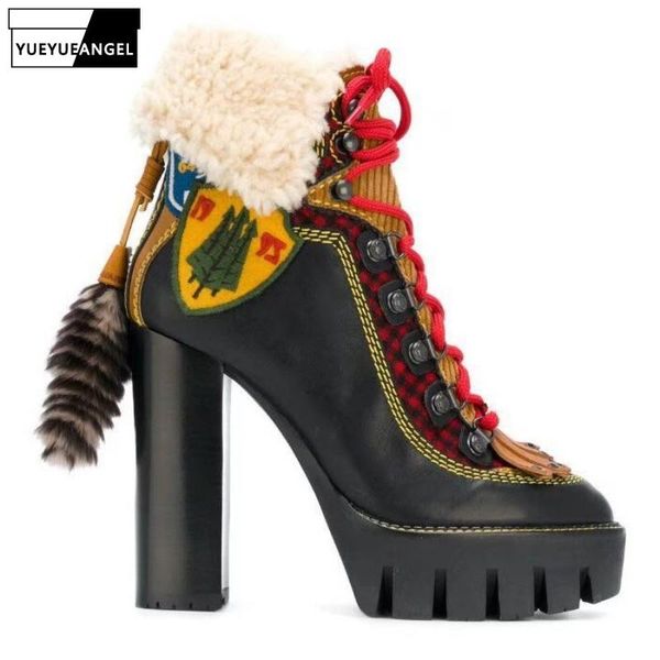 brand runway women winter sheep wool lining high heels ankle boots lady lace up platform riding shoes genuine leather snow, Black
brand runway women winter sheep wool lining high heels ankle boots lady lace up platform riding shoes genuine leather snow, Black
