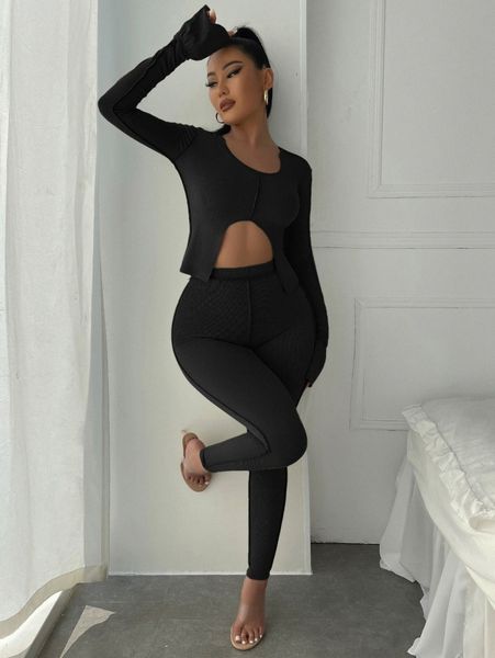 sxy stitching flounce sleeve split hem crop & leggings n8er#, White 
sxy stitching flounce sleeve split hem crop & leggings n8er#, White