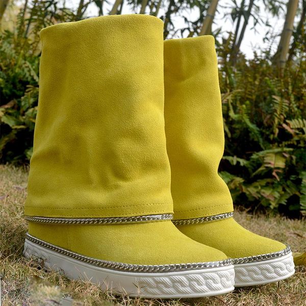 boots ins woman lemon yellow suede chains decor 80mm height increasing inner hidden wedge heel slip on mid, Black
boots ins woman lemon yellow suede chains decor 80mm height increasing inner hidden wedge heel slip on mid, Black