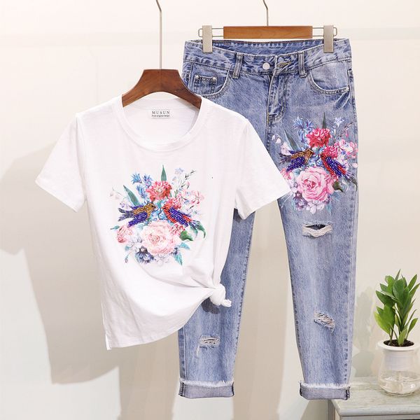 women's two piece pants -camisetas con estampado de flores + pantalones vaqueros para mujer, conjuntos ropa informal, longitud pan, White
women's two piece pants -camisetas con estampado de flores + pantalones vaqueros para mujer, conjuntos ropa informal, longitud pan, White