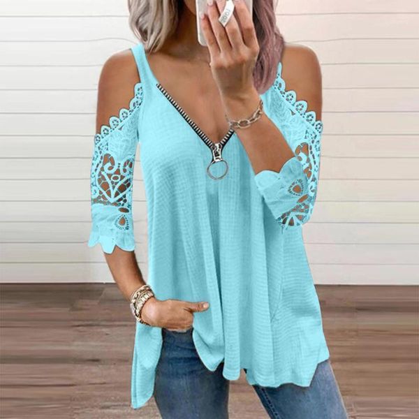 women's t-shirt casual lace half-sleeved v-neck zipper with different models of off-shoulder emo 40*, White
women's t-shirt casual lace half-sleeved v-neck zipper with different models of off-shoulder emo 40*, White