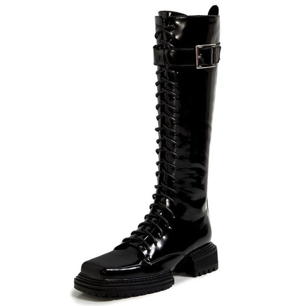 boots stylish autumn winter square toe chunky platform handmade genuine leather cross tied thick heel buckle strap women long, Black
boots stylish autumn winter square toe chunky platform handmade genuine leather cross tied thick heel buckle strap women long, Black