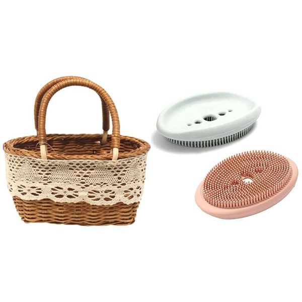 storage baskets 1x hand-woven small flower basket rattan & 2 pack bathroom soap dishes, silicone bar holder
storage baskets 1x hand-woven small flower basket rattan & 2 pack bathroom soap dishes, silicone bar holder