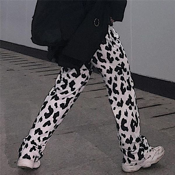 fashion loose trousers cow women capris pattern printing casual high waist draped summer ladies wide leg pants streetwear, Black;white