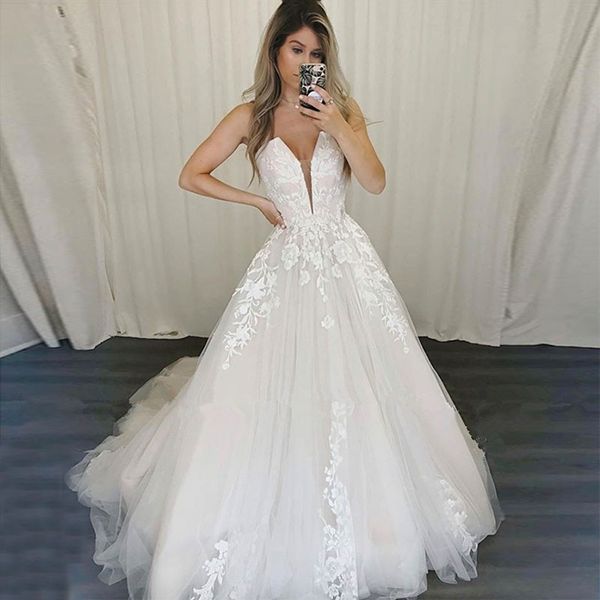 deep v neck a line lace wedding dresses sweep train appliqued lace-up back tulle plus size bridal gowns, White
deep v neck a line lace wedding dresses sweep train appliqued lace-up back tulle plus size bridal gowns, White