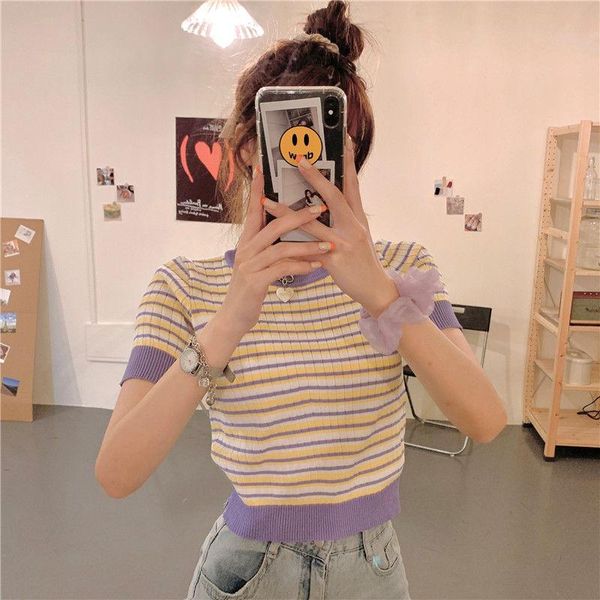 women's t-shirt woman tshirts summer stripes knitted round neck short crop mujer camisetas, White
women's t-shirt woman tshirts summer stripes knitted round neck short crop mujer camisetas, White