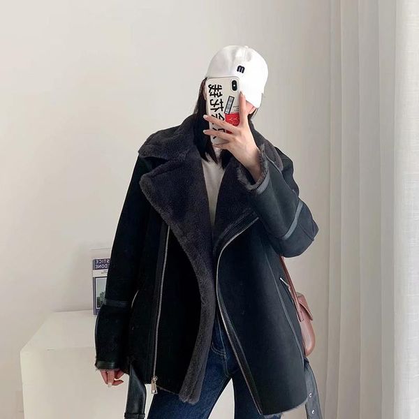 women's leather & faux winter women fur jacket coat moto bike thickness overcoat lamb wool splicing warm outwear with belt, Black
women's leather & faux winter women fur jacket coat moto bike thickness overcoat lamb wool splicing warm outwear with belt, Black