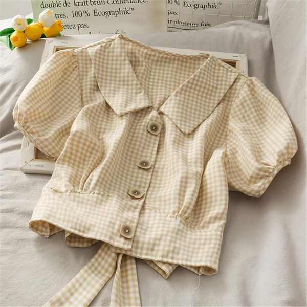 women's blouses & shirts sweet plaid back bowknot puff sleeve short for girls women 2021 summer breasted slim navel blouse korean fashi, White
women's blouses & shirts sweet plaid back bowknot puff sleeve short for girls women 2021 summer breasted slim navel blouse korean fashi, White