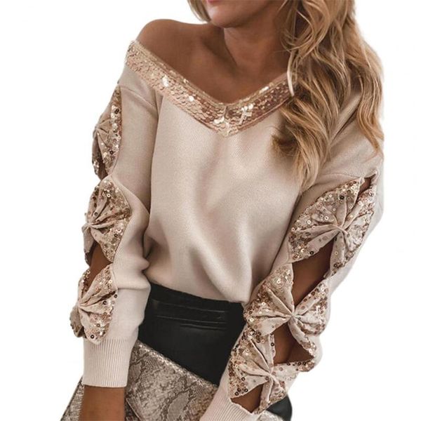 women's sweaters lady shirt sequins v neck casual pullovers knitted long sleeve bow knot autumn blouse for daily wear, White;black
women's sweaters lady shirt sequins v neck casual pullovers knitted long sleeve bow knot autumn blouse for daily wear, White;black