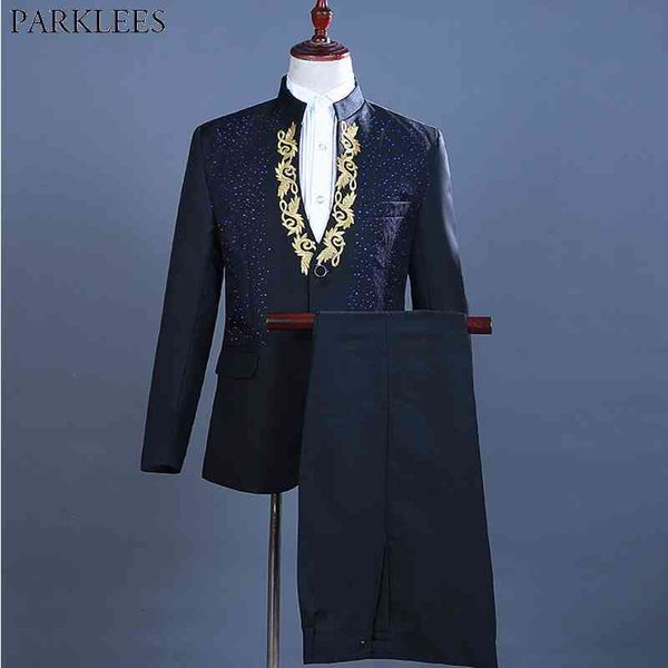 men's stand collar gold embroidery one button 2 pieces suits fashion diamond design wedding groom tuxedo suit male black 210522, White;black
men's stand collar gold embroidery one button 2 pieces suits fashion diamond design wedding groom tuxedo suit male black 210522, White;black