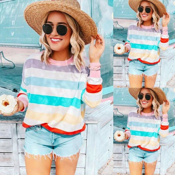 women's blouses & shirts women pre-fall long sleeve crew neck rainbow striped blouse ladies tee us, White
women's blouses & shirts women pre-fall long sleeve crew neck rainbow striped blouse ladies tee us, White