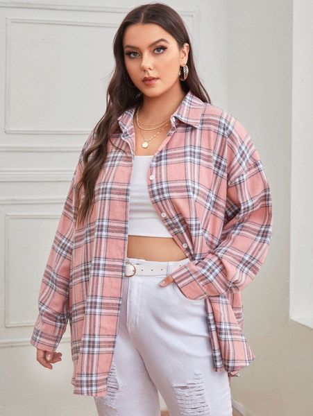 plus tartan plaid button up tunic blouse 641m#, Black