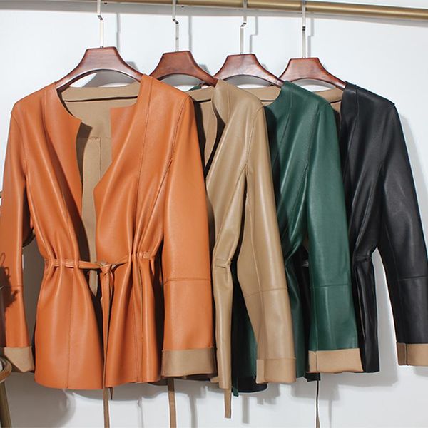 women's leather & faux european fashion women clothing female real jacket mujer draw back round neck pleated belt caramel coat veste fe, Black
women's leather & faux european fashion women clothing female real jacket mujer draw back round neck pleated belt caramel coat veste fe, Black