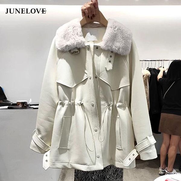 women's leather & faux artificial jacket women winter korean style drawstring waist fur collar thick loose coat veste cuir femme parkas, Black
women's leather & faux artificial jacket women winter korean style drawstring waist fur collar thick loose coat veste cuir femme parkas, Black