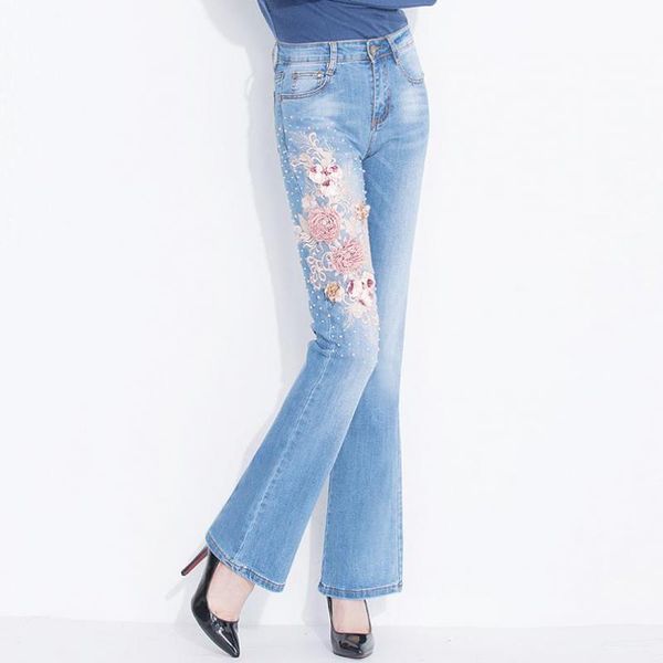 women's jeans spring summer fashion women sequins flower embroidery beads stretch flare pants , fall casual woman elastic denim trouser, Blue
women's jeans spring summer fashion women sequins flower embroidery beads stretch flare pants , fall casual woman elastic denim trouser, Blue