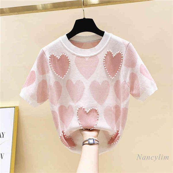 t shirt spring loose love jacquard beaded short sleeve knitted t-shirt women's all-matching juper pink blue, White
t shirt spring loose love jacquard beaded short sleeve knitted t-shirt women's all-matching juper pink blue, White