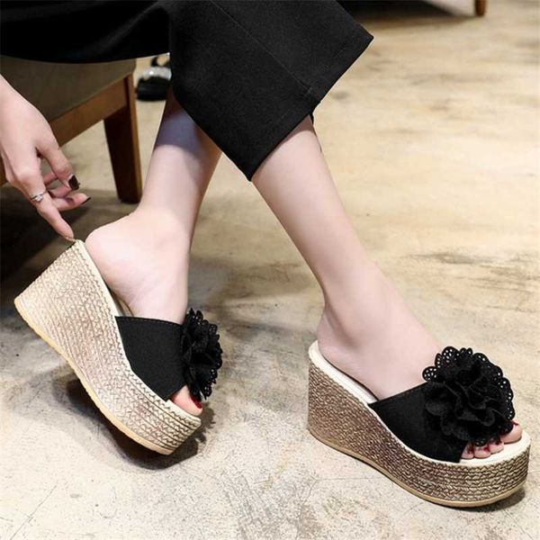 est fashion 9cm wedges super high heels summer flowers beach leisure sandal women platform peep toe dress slippers, Black