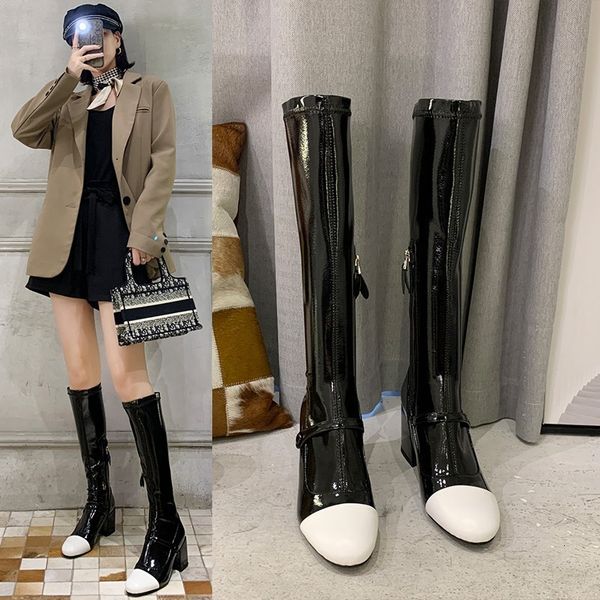knee length women's 21 autumn winter color blocking side zipper round head high heel thin knight boots, Black
knee length women's 21 autumn winter color blocking side zipper round head high heel thin knight boots, Black