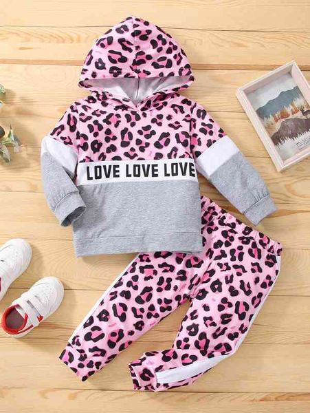 baby letter & leopard print hoodie & sweatpants she, White 
baby letter & leopard print hoodie & sweatpants she, White
