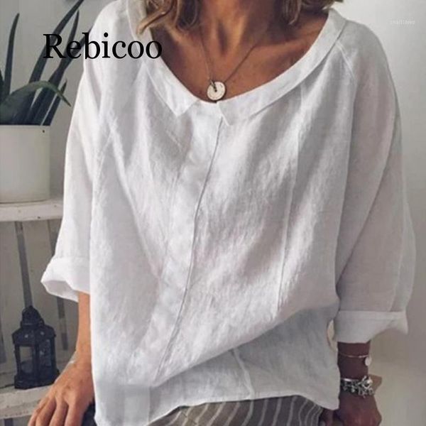 women blouses 2021 summer casual full-quarter sleeve solid lapel linen blouse female shirts plus size women's &, White
women blouses 2021 summer casual full-quarter sleeve solid lapel linen blouse female shirts plus size women's &, White