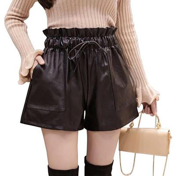women's shorts leather women fashion autumn and winter models 2021 ruffle elastic waist loose thin high wide, White;black
women's shorts leather women fashion autumn and winter models 2021 ruffle elastic waist loose thin high wide, White;black