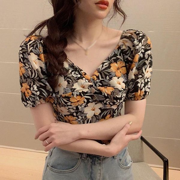 blouse floral print v-neck sweet navel exposed short puff sleeves chiffon shirt women's blouses & shirts, White
blouse floral print v-neck sweet navel exposed short puff sleeves chiffon shirt women's blouses & shirts, White