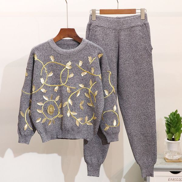 women's two piece pants spring autumn fashion 2 set embroidery golden leaf flower knitted + casual harem outfits g406 t2gl, White
women's two piece pants spring autumn fashion 2 set embroidery golden leaf flower knitted + casual harem outfits g406 t2gl, White
