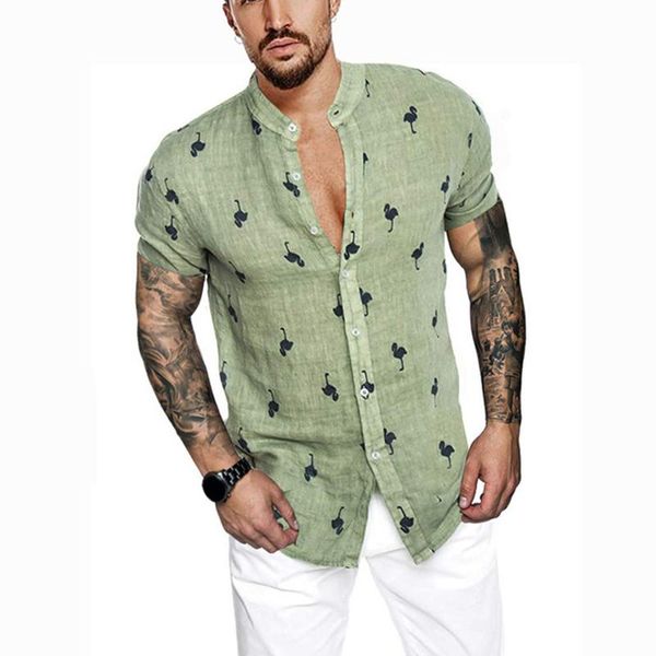 men's casual shirts 2021 summer stand collar button streetwear short sleeve cotton linen shirt for men fashion flamingos printed, White;black
men's casual shirts 2021 summer stand collar button streetwear short sleeve cotton linen shirt for men fashion flamingos printed, White;black
