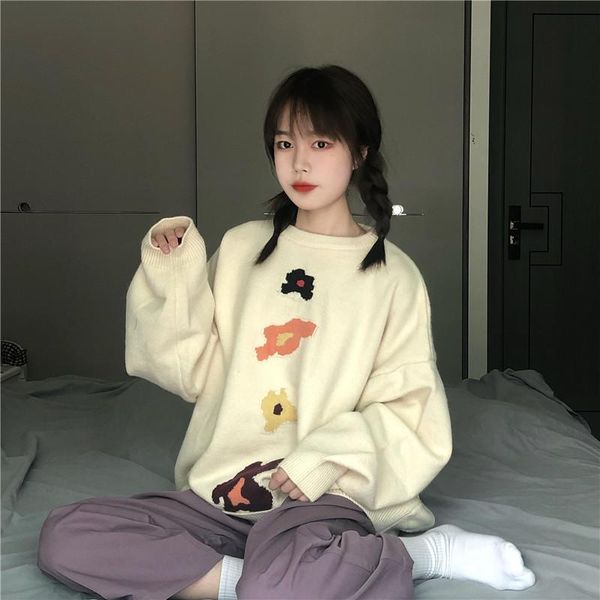 women's sweaters 2021 autumn college style loose flower round neck pullover sweater long sleeve contrast, White;black
women's sweaters 2021 autumn college style loose flower round neck pullover sweater long sleeve contrast, White;black