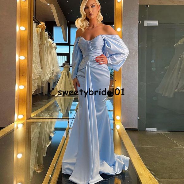 elegant off shoulder long sleeves mermaid prom dress light sky blue satin african graduation party wear evening gowns, Black
elegant off shoulder long sleeves mermaid prom dress light sky blue satin african graduation party wear evening gowns, Black
