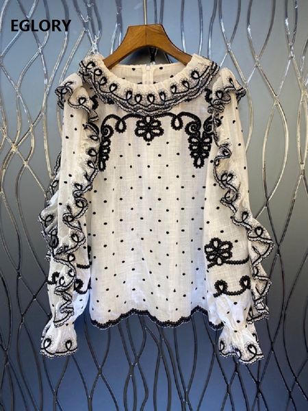 blouses linen blouse spring summer vintage women polka dot embroidery flare sleeve casual loose blouses female, White
blouses linen blouse spring summer vintage women polka dot embroidery flare sleeve casual loose blouses female, White