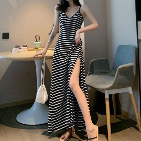 s-3xl womens ladies beach style stripe sleeveless empire waistline sashes sundress summer holiday strappy long maxi dress casual dresses, Black;gray
s-3xl womens ladies beach style stripe sleeveless empire waistline sashes sundress summer holiday strappy long maxi dress casual dresses, Black;gray