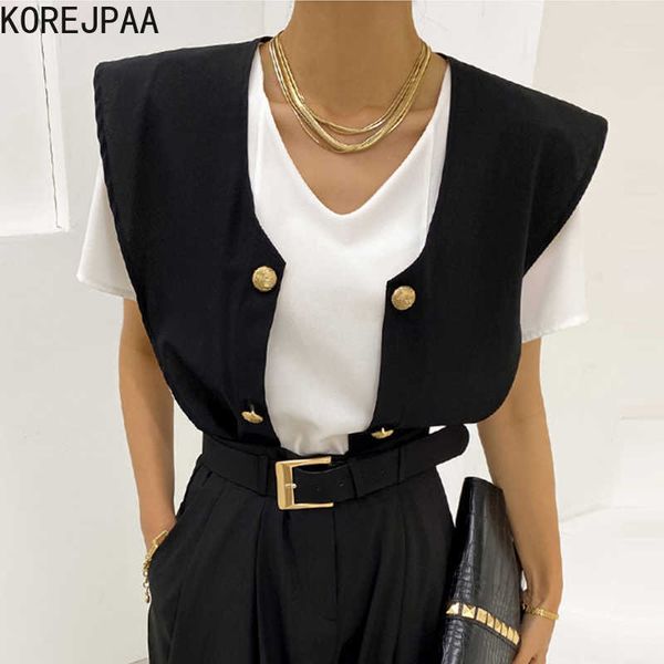 korejpaa women shirt summer korean chic temperament v-neck detachable shawl metal double-breasted short-sleeved blouses 210526, White
korejpaa women shirt summer korean chic temperament v-neck detachable shawl metal double-breasted short-sleeved blouses 210526, White