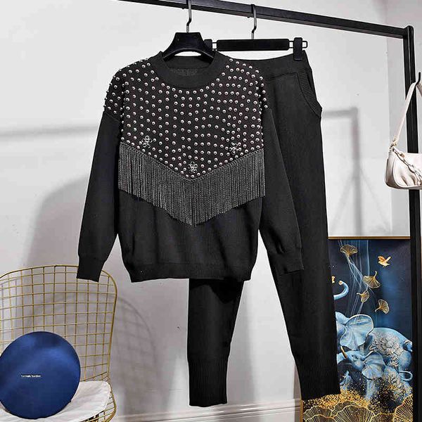 pant knitted set women tracksuits rivet chain tassel pullover sweater long pencil pants 2 piece outfits female loose black knit suit, White
pant knitted set women tracksuits rivet chain tassel pullover sweater long pencil pants 2 piece outfits female loose black knit suit, White