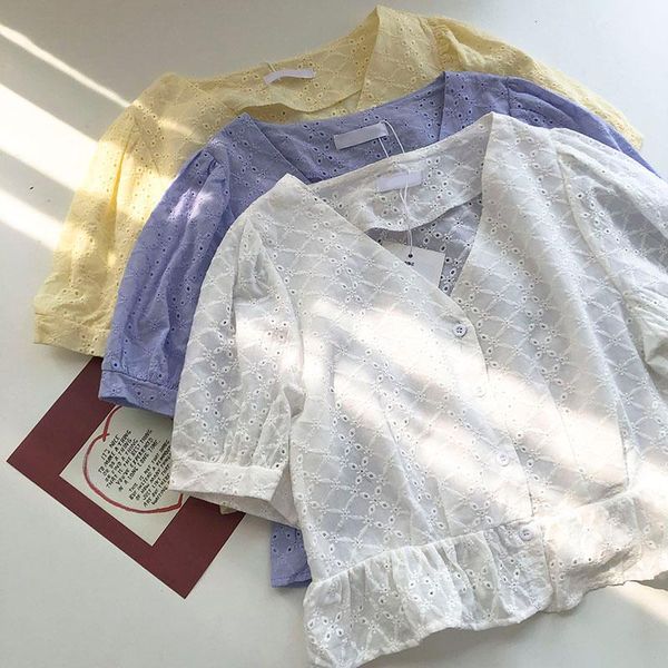 women's blouses & shirts retro v-neck single-breasted blusas mujer elegant short sleeve ruffles blouse women harajuk solid hollow out e, White
women's blouses & shirts retro v-neck single-breasted blusas mujer elegant short sleeve ruffles blouse women harajuk solid hollow out e, White