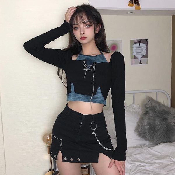 women's t-shirt fake two-piece tie-dyed chain stitching lace-up halterneck off-the-shoulder long sleeve dancing outerwear, White
women's t-shirt fake two-piece tie-dyed chain stitching lace-up halterneck off-the-shoulder long sleeve dancing outerwear, White