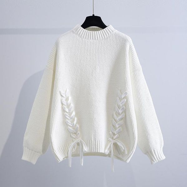 women's sweaters vintage o-neck bandage knitted women sweater pullovers autumn winter 2021 solid loose female pulls all match outwear, White;black
women's sweaters vintage o-neck bandage knitted women sweater pullovers autumn winter 2021 solid loose female pulls all match outwear, White;black
