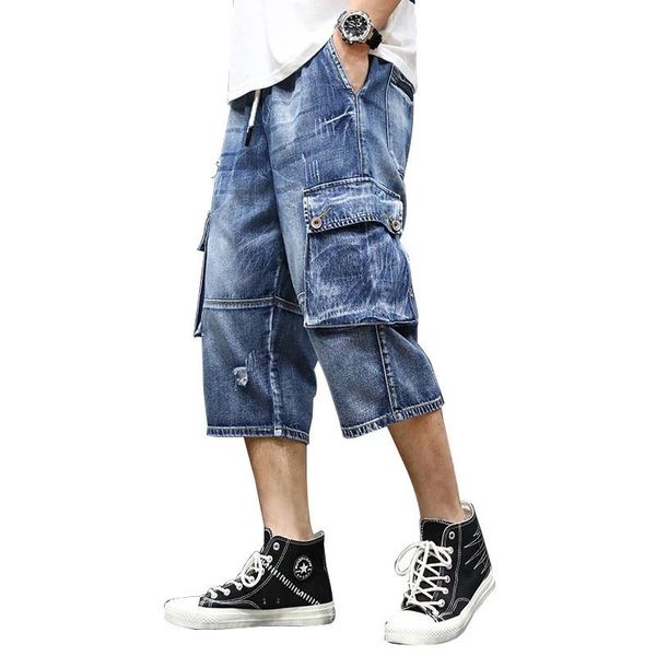 men's jeans multi-pockets cargo short man summer calf-length pants ripped distressed fashion denim bottoms elastic waist, Blue
men's jeans multi-pockets cargo short man summer calf-length pants ripped distressed fashion denim bottoms elastic waist, Blue