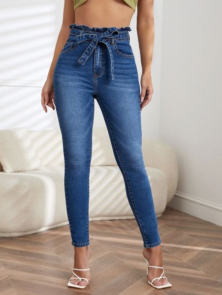 paperbag waist belted skinny jeans q3nk#, Blue